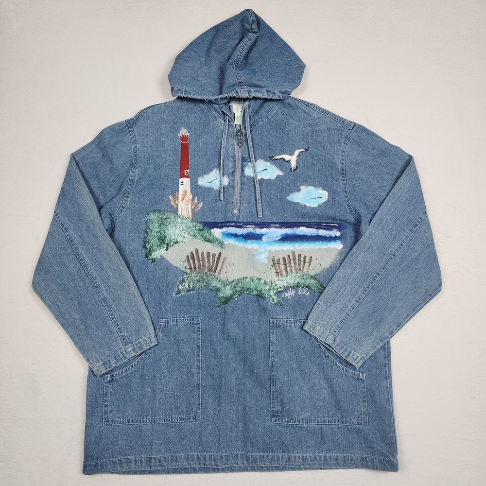 Vintage Daffy Dills Hand Painted Denim Hoodie‎ Womens Medium Lighthouse Jacket